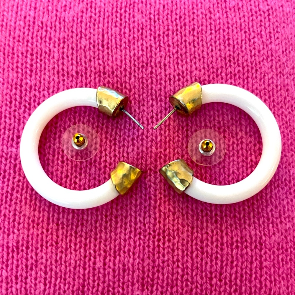 Vintage Gold and White Hoop Earrings - Picture 6 of 16